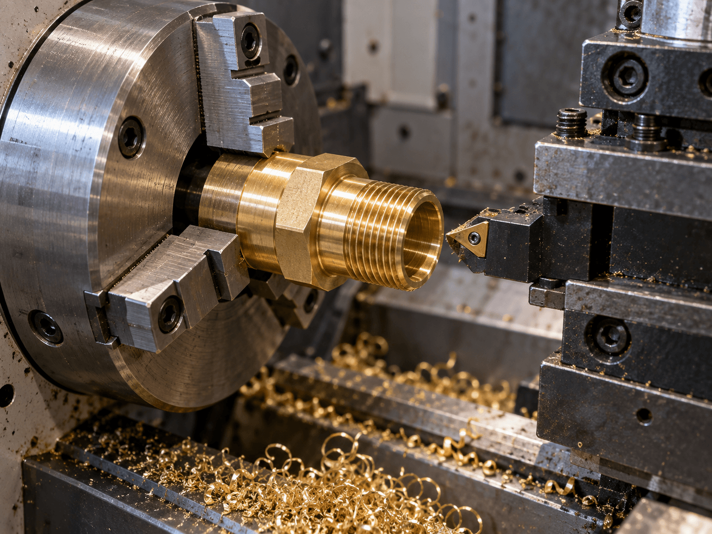 Precision machining of a threaded brass fitting in a lathe