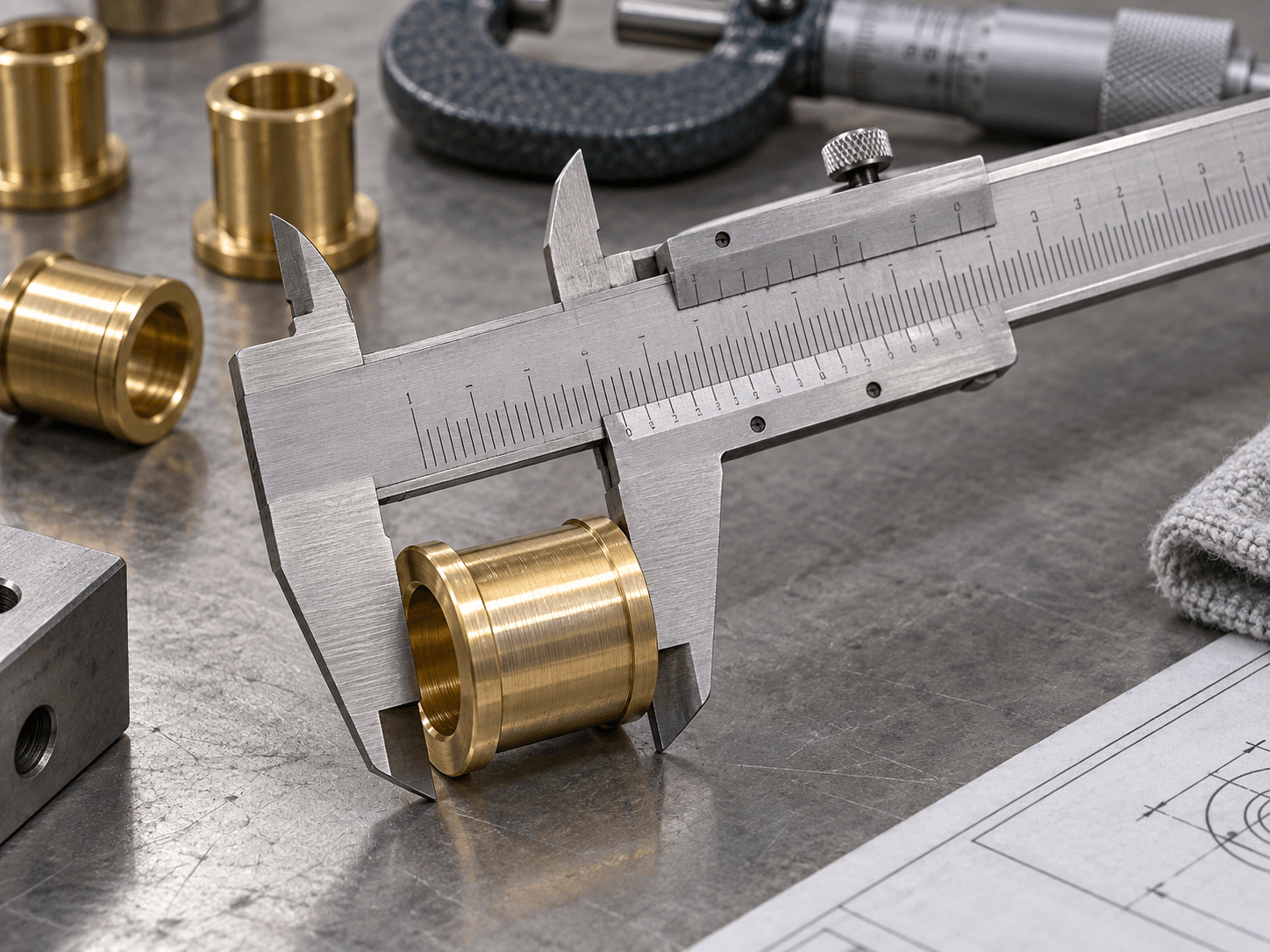 Caliper checking the dimensions of a brass bush