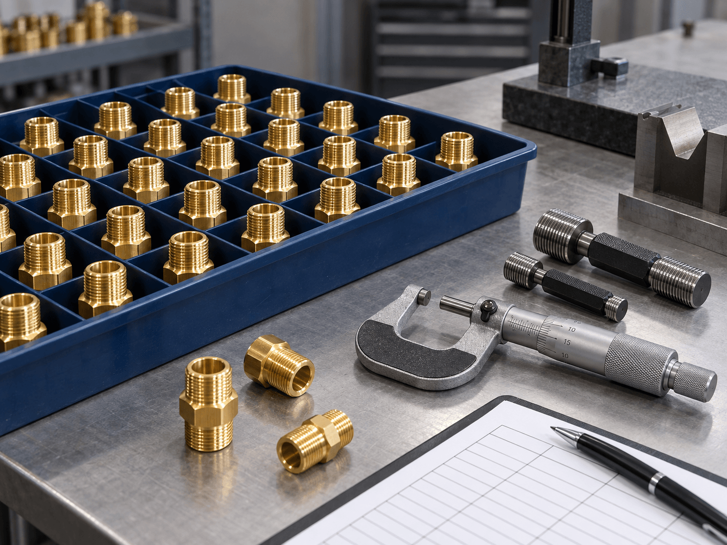 Brass fittings and gauges arranged for final inspection