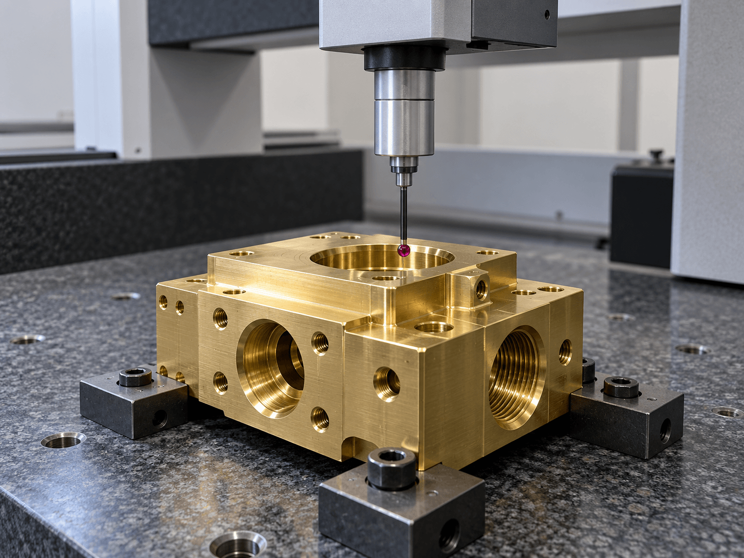 Coordinate measuring machine probe inspecting a brass component
